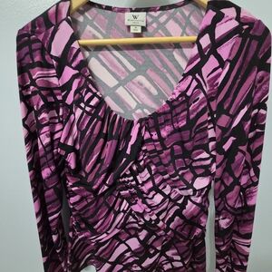 Worthington Purple and Black Abstract Ruched Blouse, Sz M